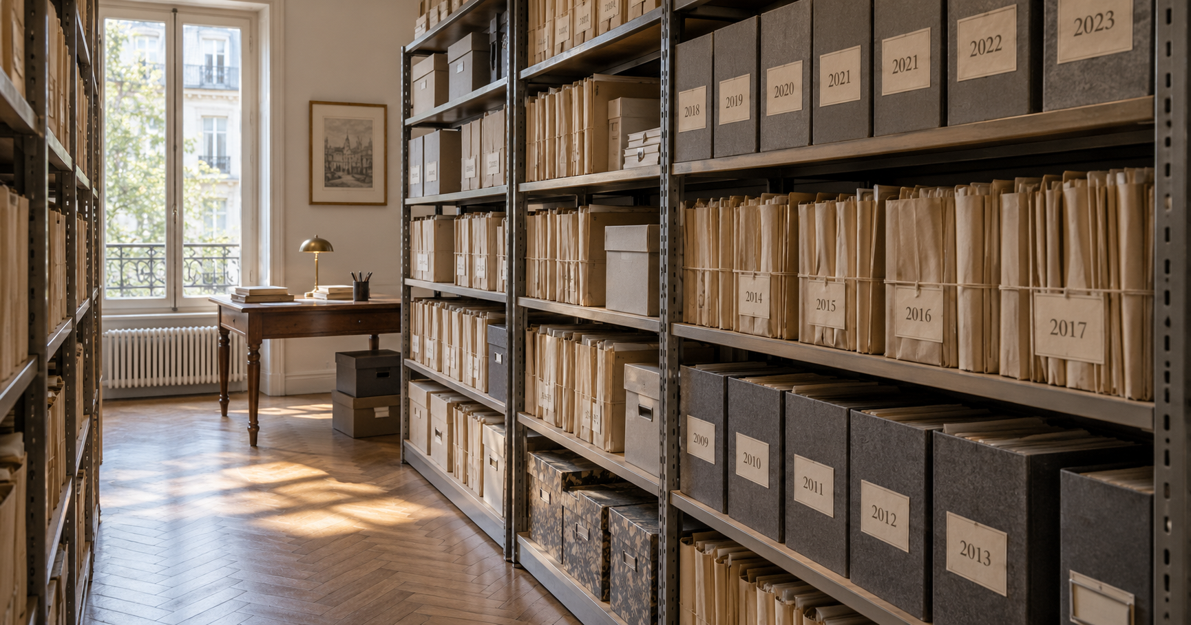 Rayonnages d'archives d'une étude notariale, dossiers papier classés par année.